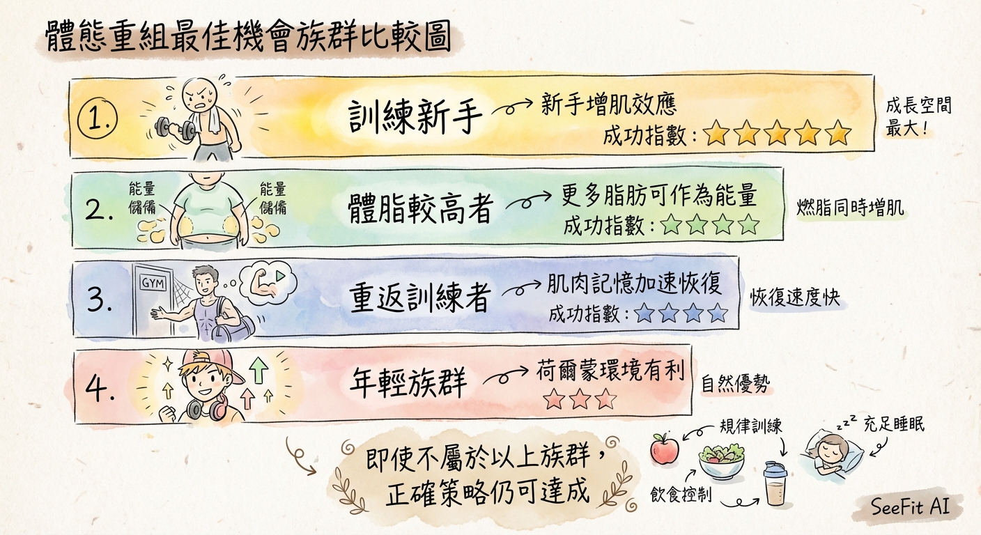 Body recomposition success factors by group