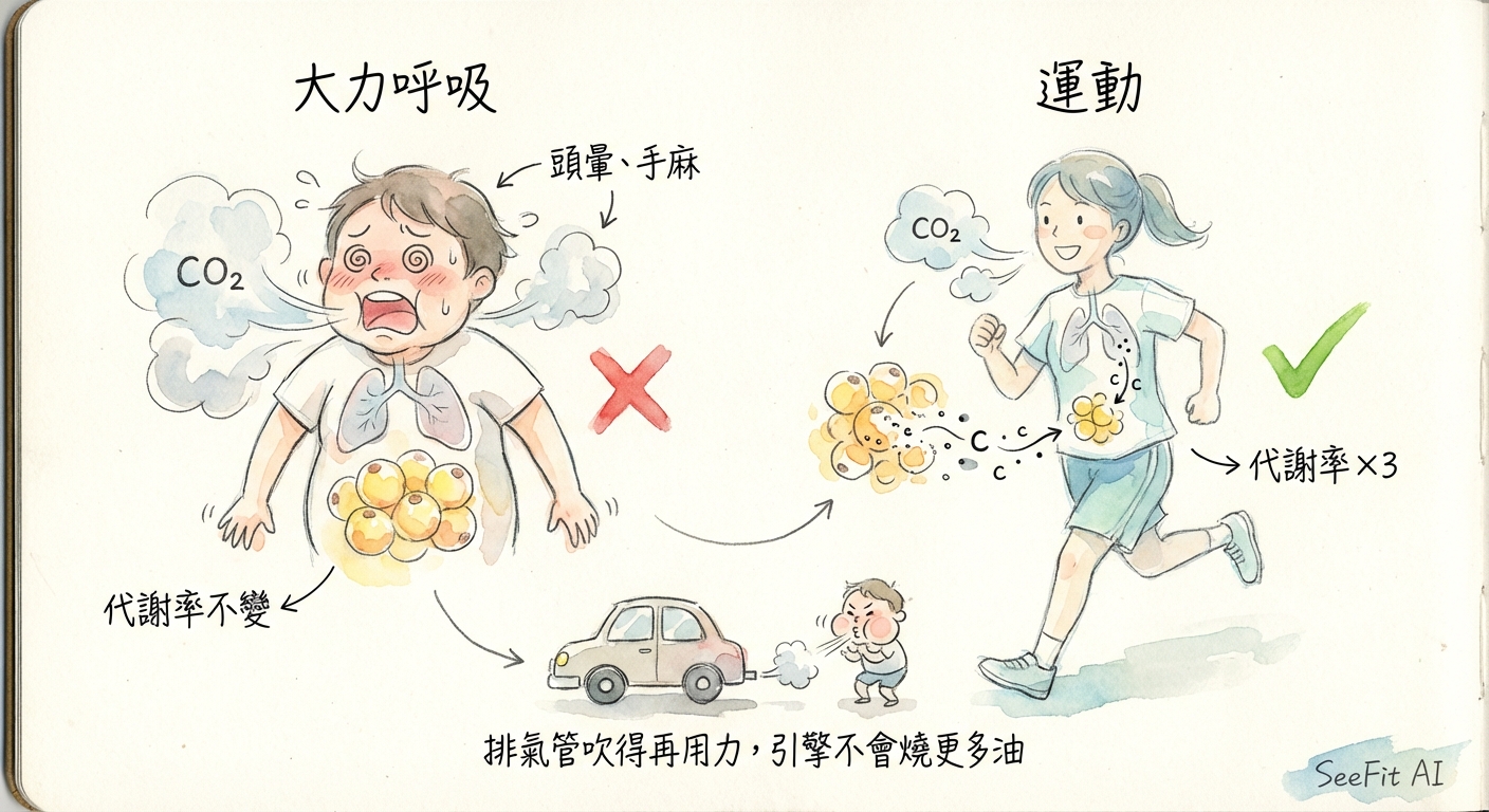Side-by-side comparison: heavy breathing alone vs exercise — why hyperventilation doesn't burn fat but exercise does