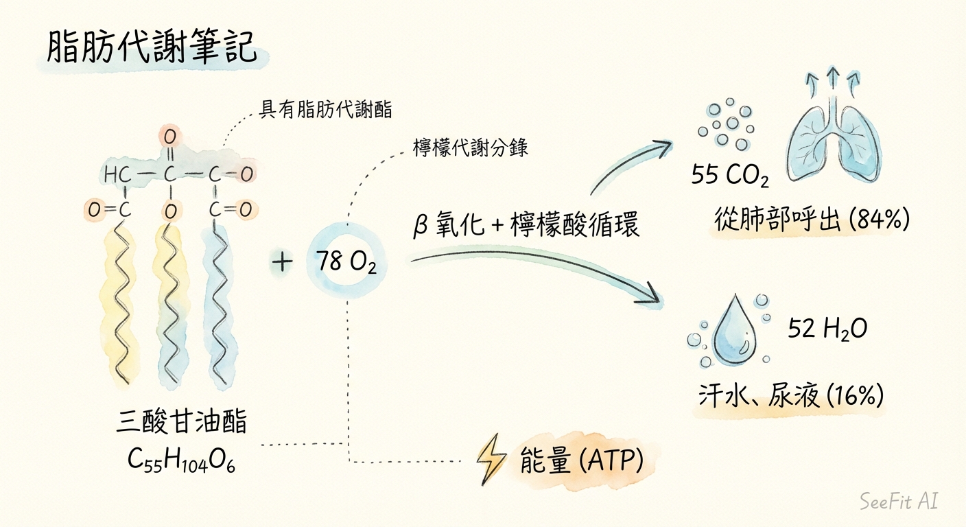Triglyceride breakdown diagram — a fat molecule (C₅₅H₁₀₄O₆) enters the metabolic pathway and exits as 55 CO₂ molecules through the lungs and 52 H₂O molecules through sweat, urine, and breath